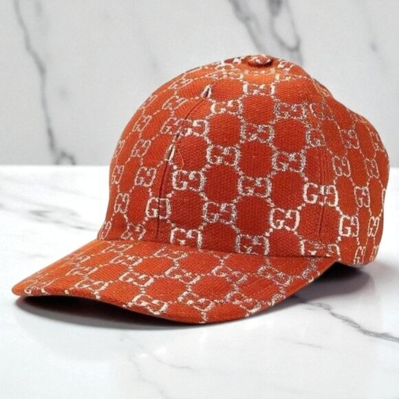 NWT Authentic Gucci  Canvas Lame GG Monogram Rush Baseball Hat Burnt Orange - Picture 1 of 6